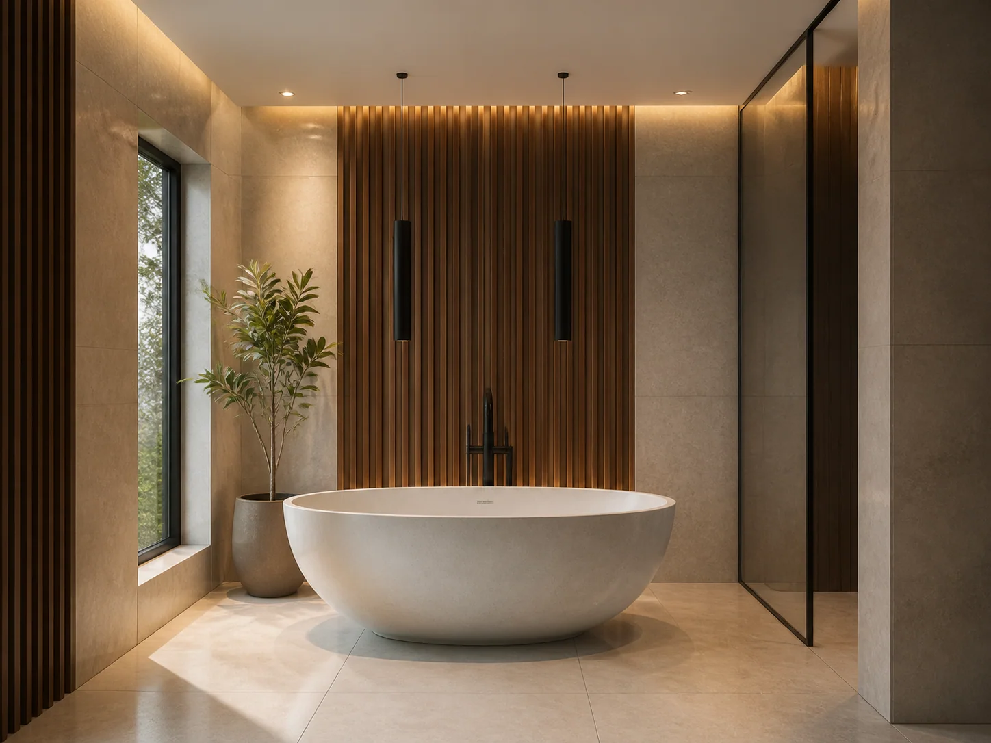 Freestanding bath before a timber-slatted wall with concealed lighting
