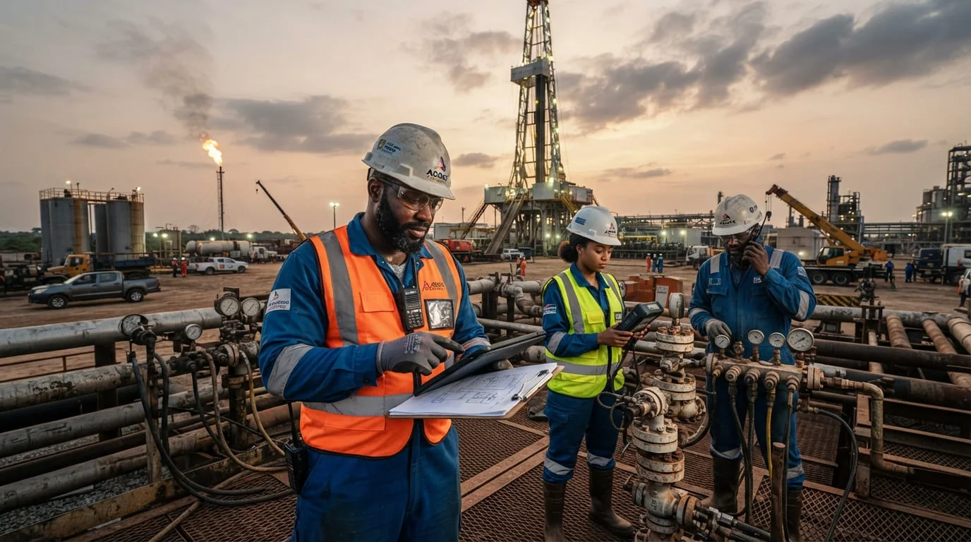 A supervisor with a clipboard leading a crew on an oilfield near a drilling rig