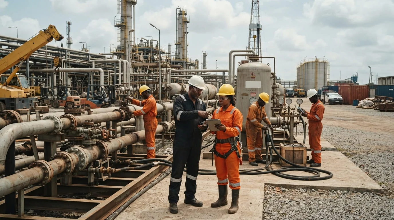 Engineers inspecting pipework at an onshore oil and gas facility, representing BPL Energy