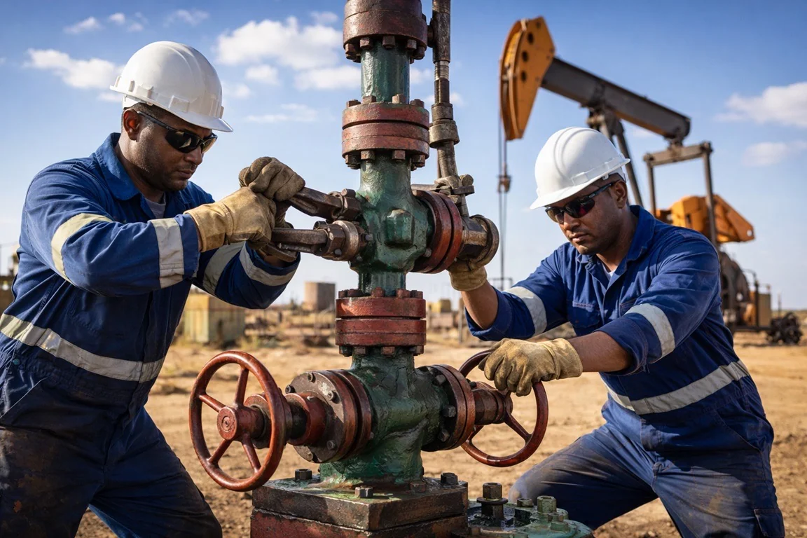 Two field engineers in hard hats turning the valves of a wellhead