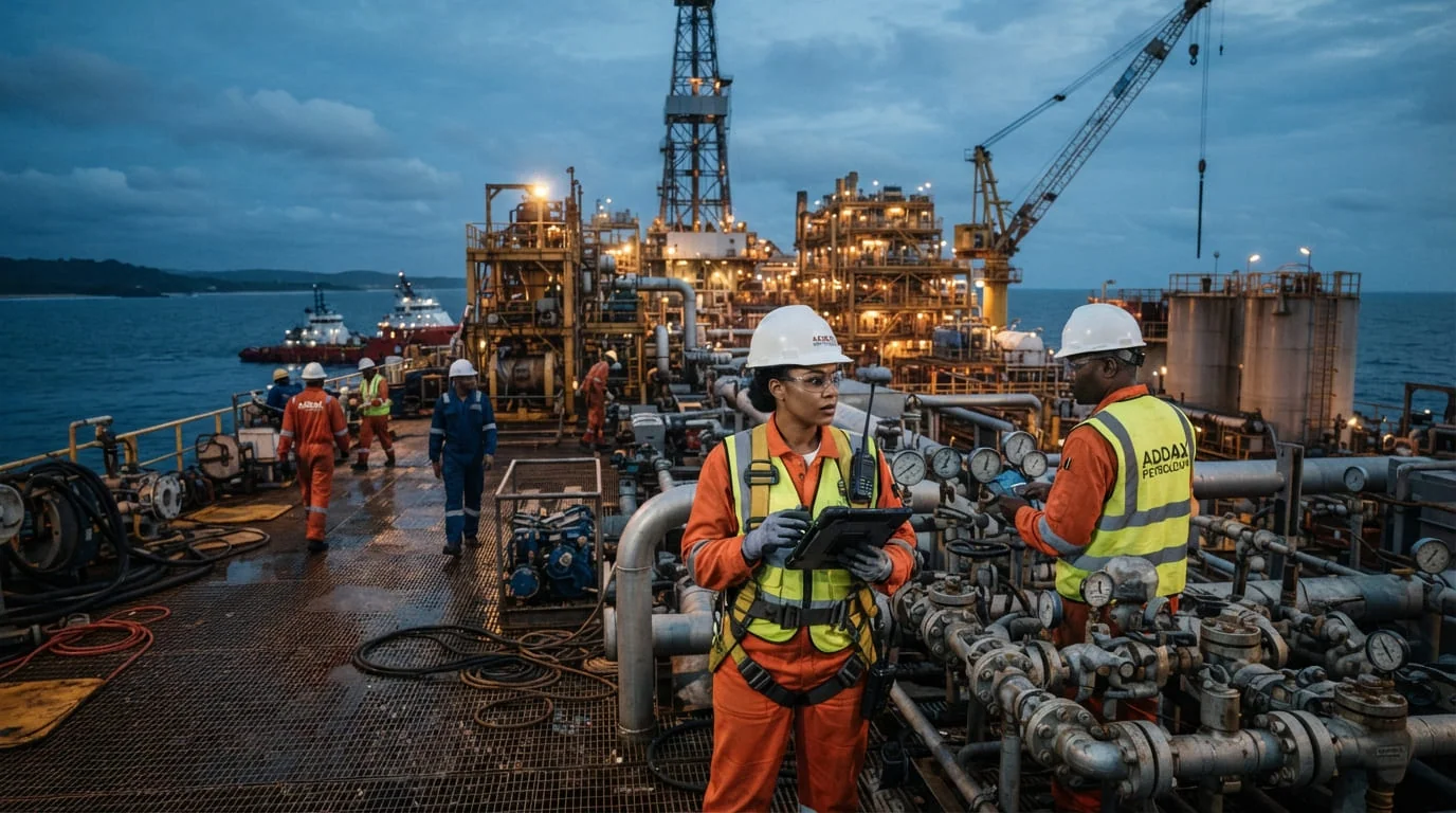 Energy workers in hard hats reviewing a tablet on an offshore production facility at dusk
