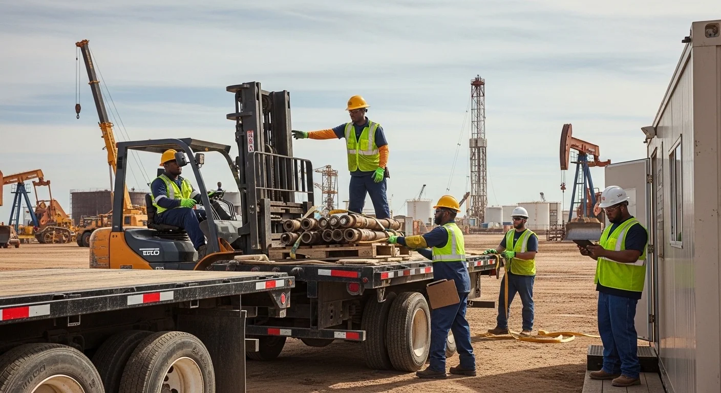 A flatbed truck and forklift moving equipment with crew in high-visibility vests