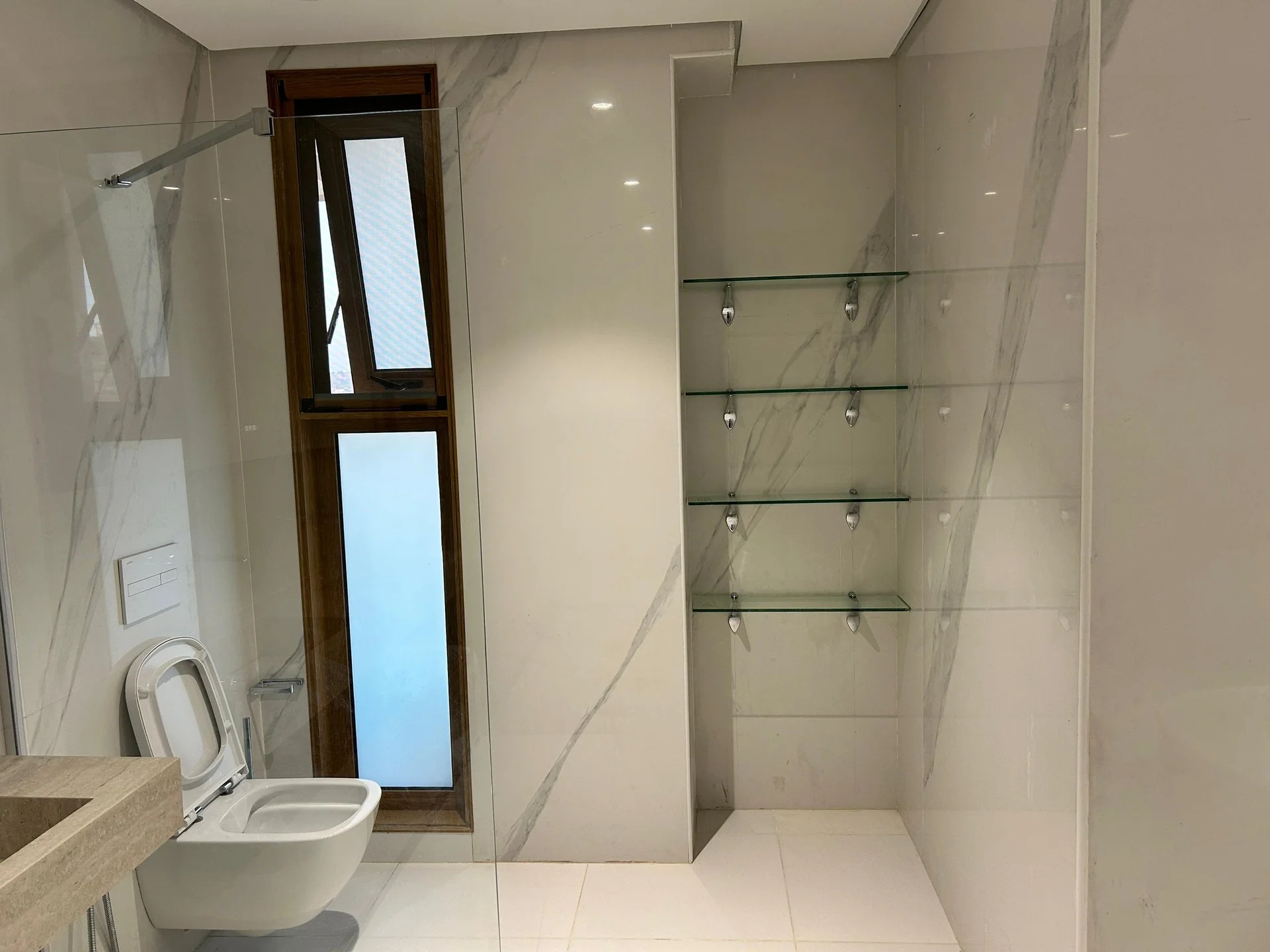 Glass shower enclosure beside a wall-hung WC in a finished bathroom