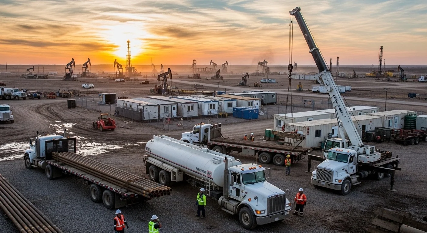 Heavy haulage trucks, a tanker and a mobile crane working on an oilfield yard at sunset