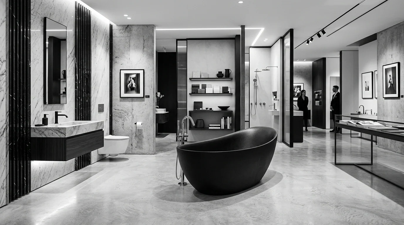 Black freestanding bath and floor-mounted mixer in a stone-clad bathroom