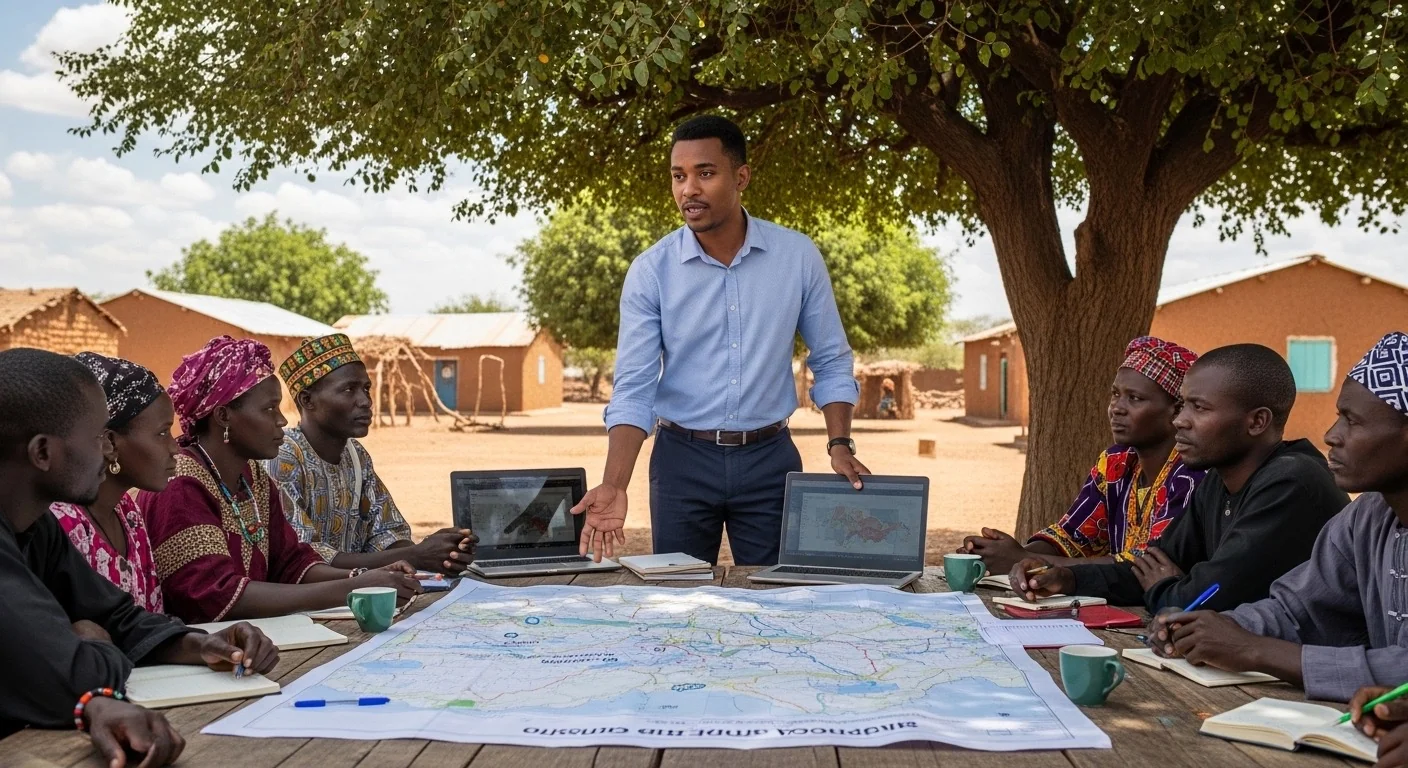 A community liaison presenting a site map to local residents under a tree