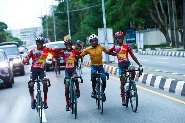 Cyclists on the road during World Bicycle Day